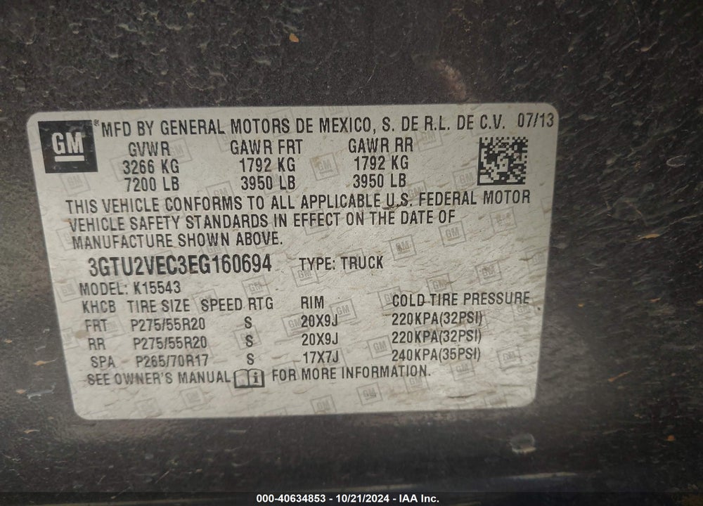 2014 GMC SIERRA 1500 SLT VIN: 3GTU2VEC3EG160694