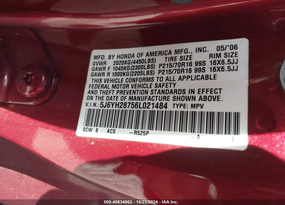 2006 HONDA ELEMENT EX-P VIN: 5J6YH28756L021484