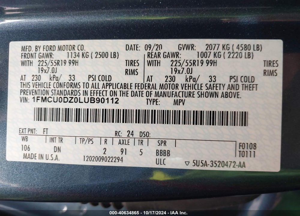 2020 FORD ESCAPE TITANIUM HYBRID VIN: 1FMCU0DZ0LUB90112