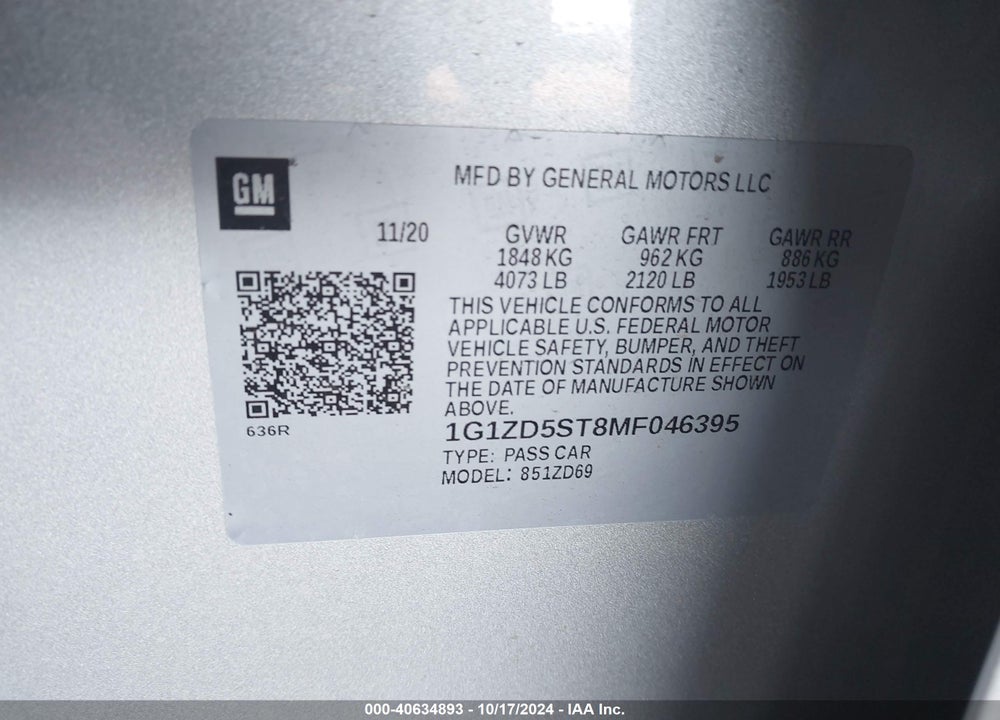 2021 CHEVROLET MALIBU FWD LT VIN: 1G1ZD5ST8MF046395
