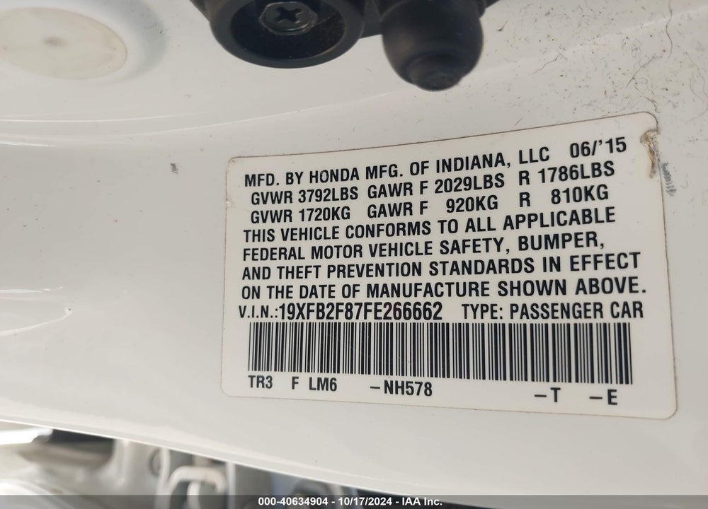 2015 HONDA CIVIC EX VIN: 19XFB2F87FE266662