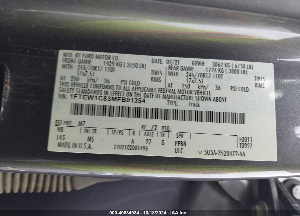2021 FORD F-150 VIN: 1FTEW1C83MFB01354
