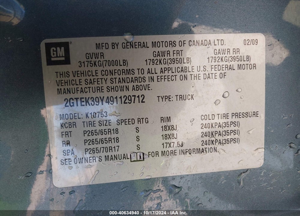 2009 GMC SIERRA 1500 SLT VIN: 2GTEK39Y491129712