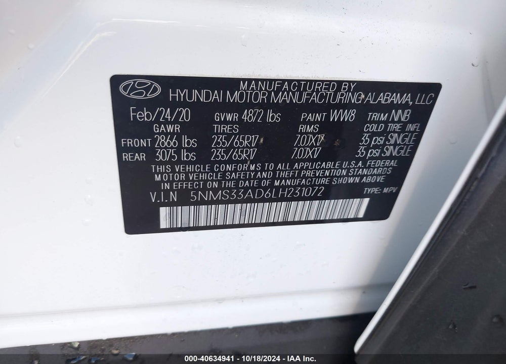 2020 HYUNDAI SANTA FE SEL VIN: 5NMS33AD6LH231072