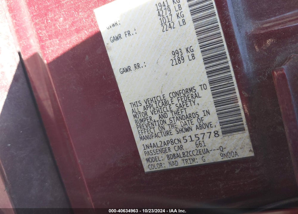 2012 NISSAN ALTIMA VIN: 1N4AL2AP8CN515778