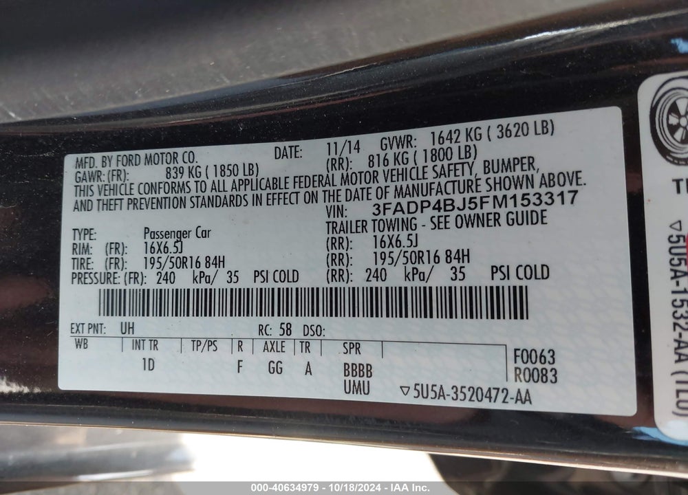 2015 FORD FIESTA SE VIN: 3FADP4BJ5FM153317