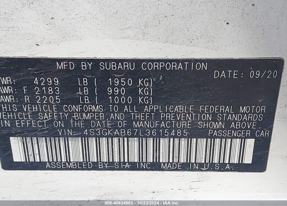 2020 SUBARU IMPREZA VIN: 4S3GKAB67L3615485