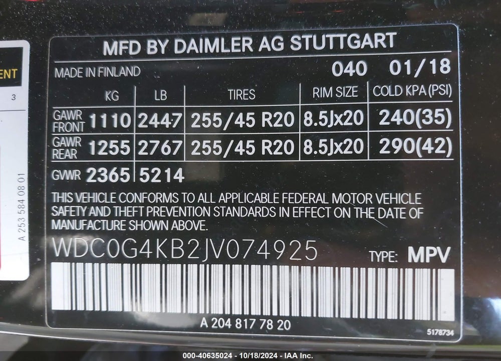 2018 MERCEDES-BENZ GLC 300 4MATIC VIN: WDC0G4KB2JV074925
