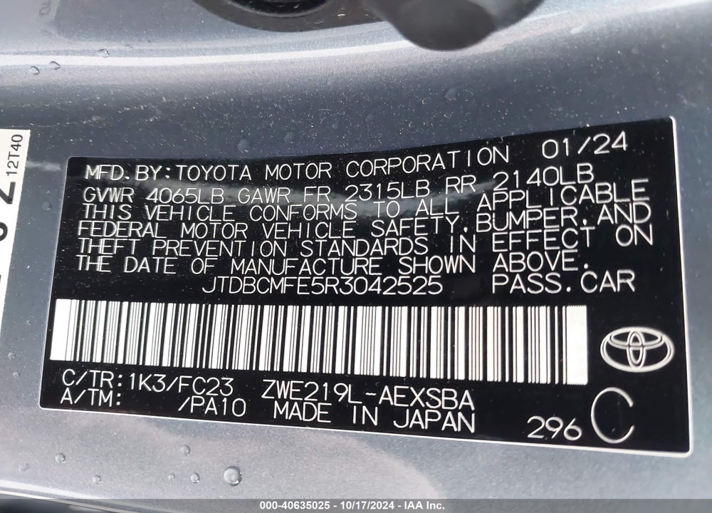 2024 TOYOTA COROLLA HYBRID SE VIN: JTDBCMFE5R3042525