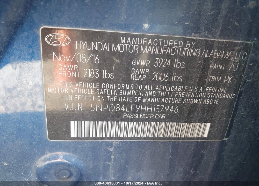 2017 HYUNDAI ELANTRA SE VIN: 5NPD84LF9HH157946