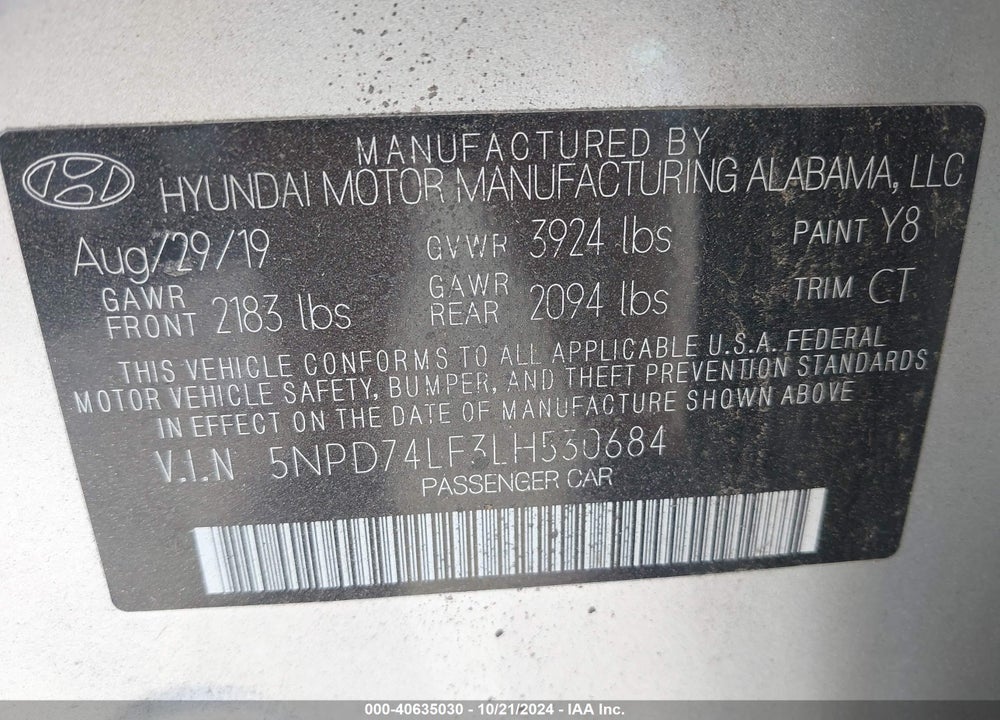 2020 HYUNDAI ELANTRA VIN: 5NPD74LF3LH530684