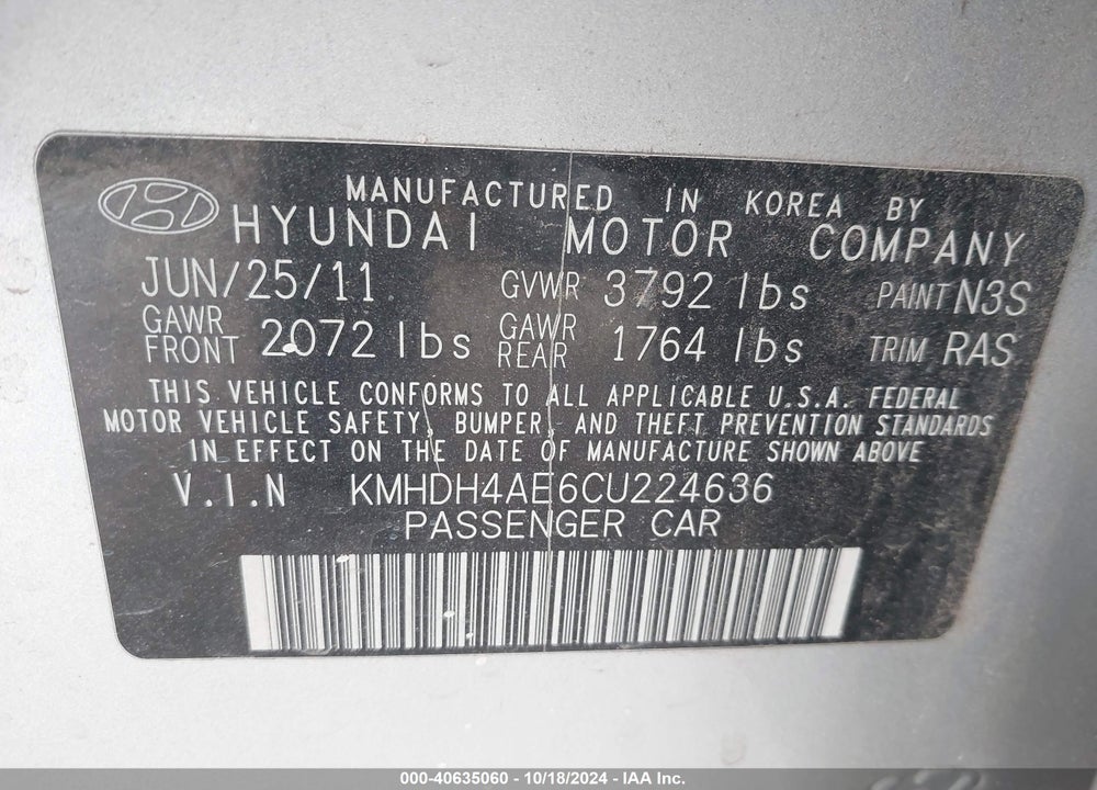2012 HYUNDAI ELANTRA LIMITED (ULSAN PLANT) VIN: KMHDH4AE6CU224636