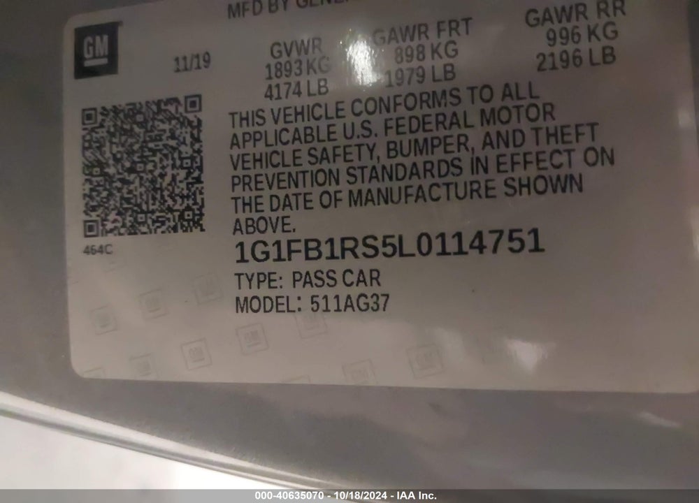 2020 CHEVROLET CAMARO RWD 1LT VIN: 1G1FB1RS5L0114751