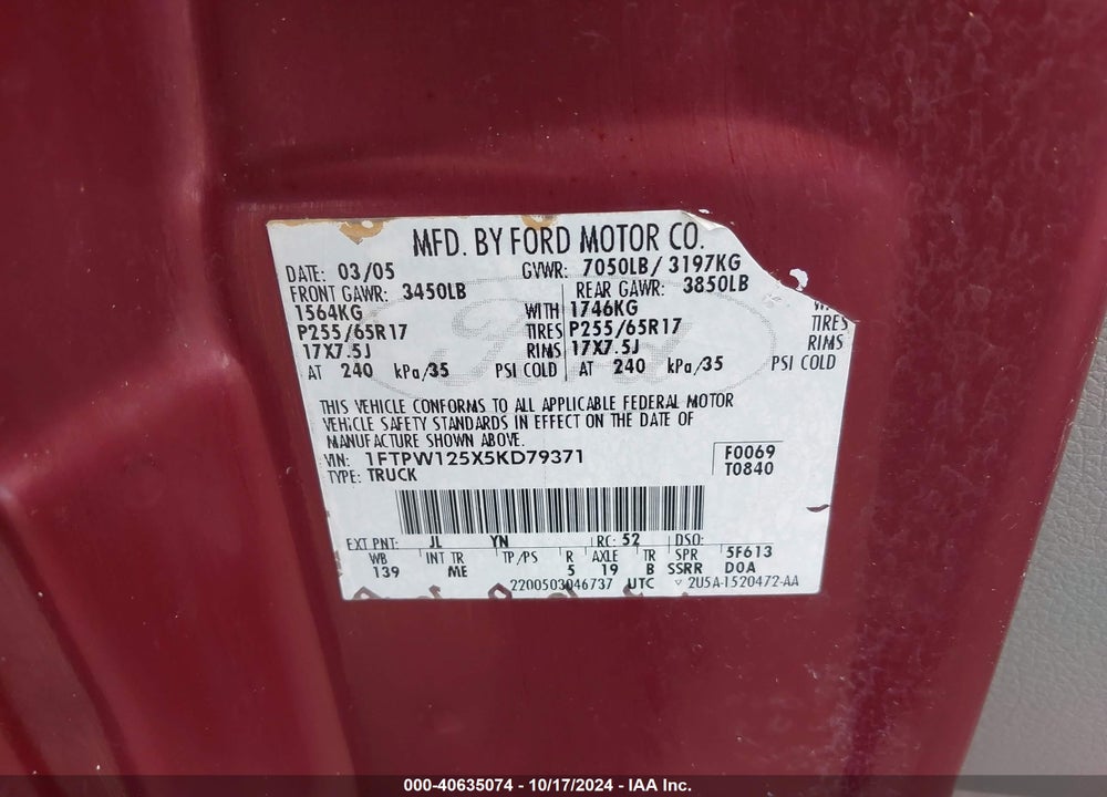 2005 FORD F-150 LARIAT/XLT VIN: 1FTPW125X5KD79371