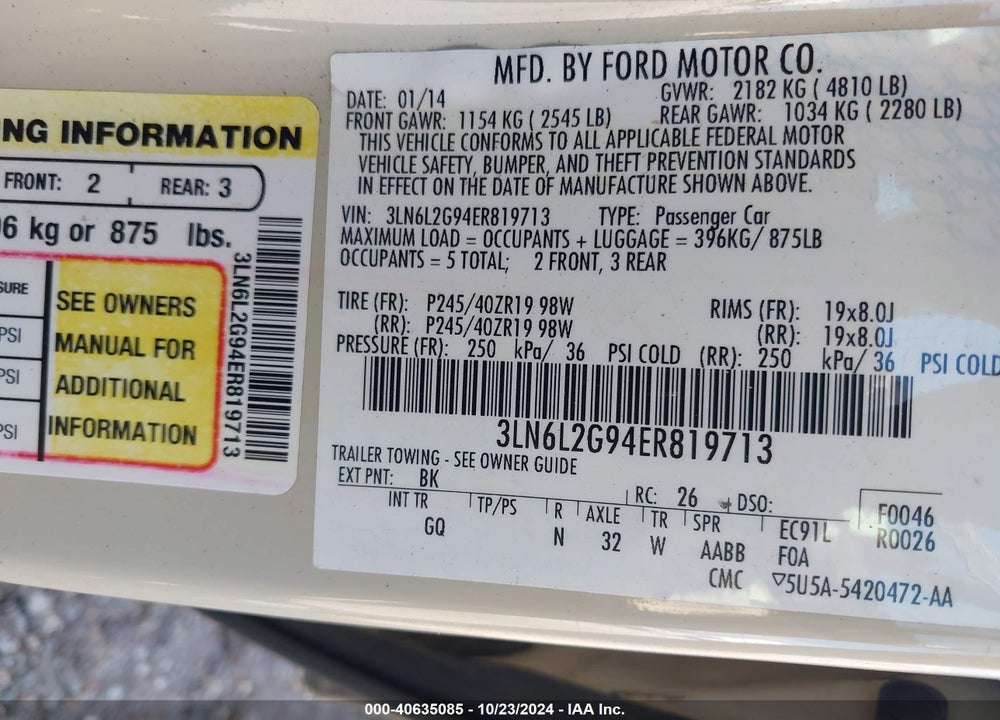 2014 LINCOLN MKZ VIN: 3LN6L2G94ER819713