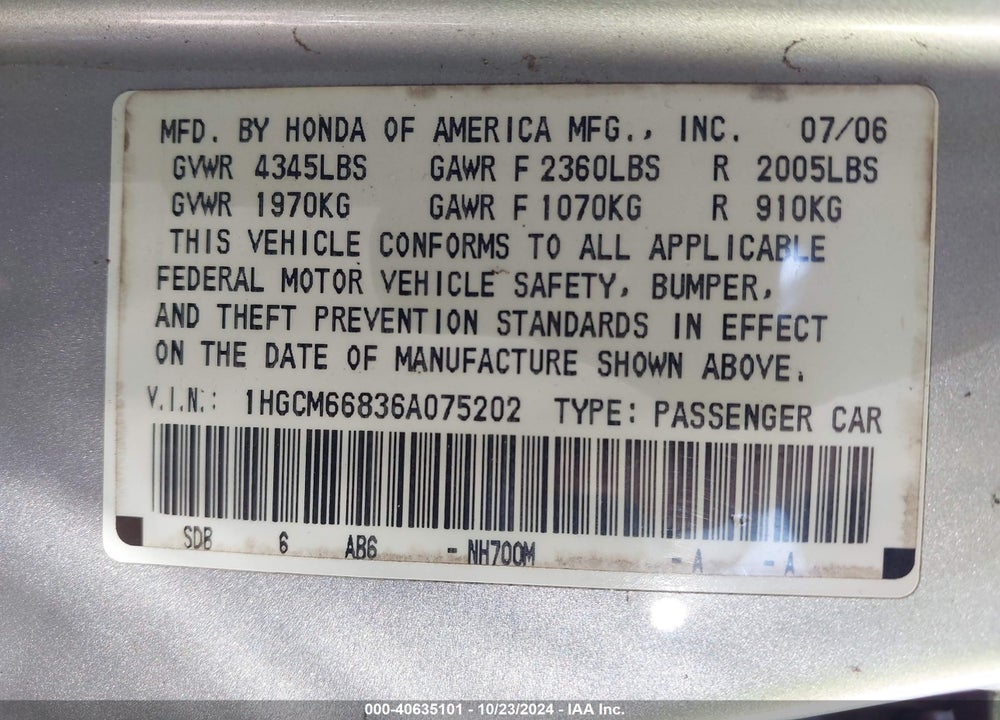 2006 HONDA ACCORD 3.0 EX VIN: 1HGCM66836A075202