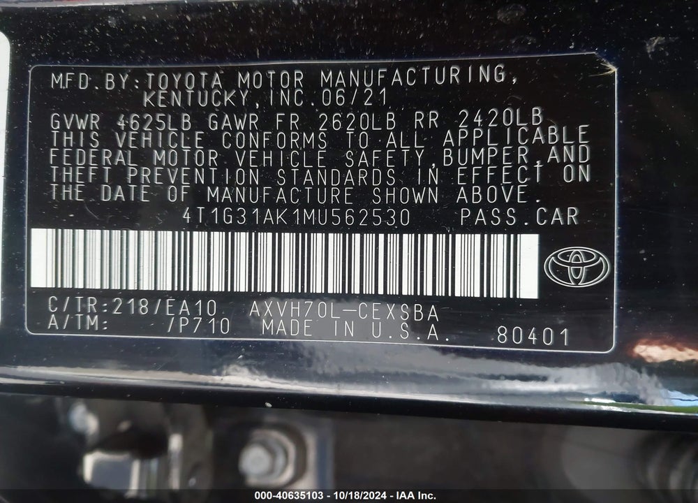 2021 TOYOTA CAMRY SE HYBRID VIN: 4T1G31AK1MU562530