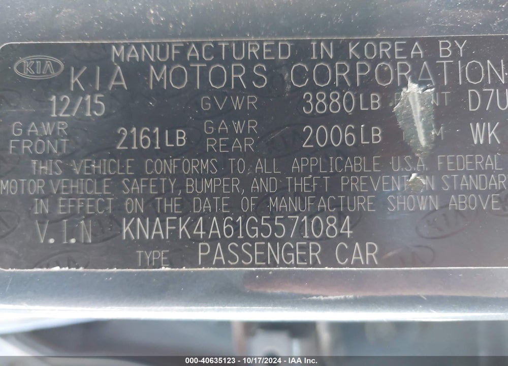 2016 KIA FORTE LX VIN: KNAFK4A61G5571084