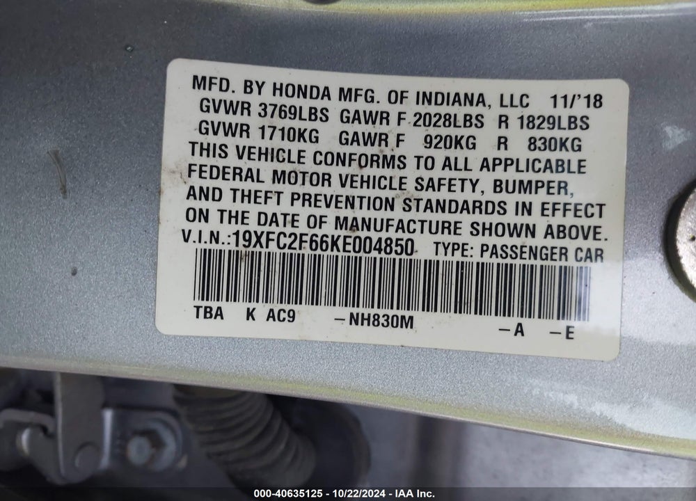2019 HONDA CIVIC LX VIN: 19XFC2F66KE004850