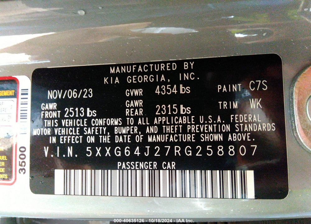 2024 KIA K5 GT LINE VIN: 5XXG64J27RG258807