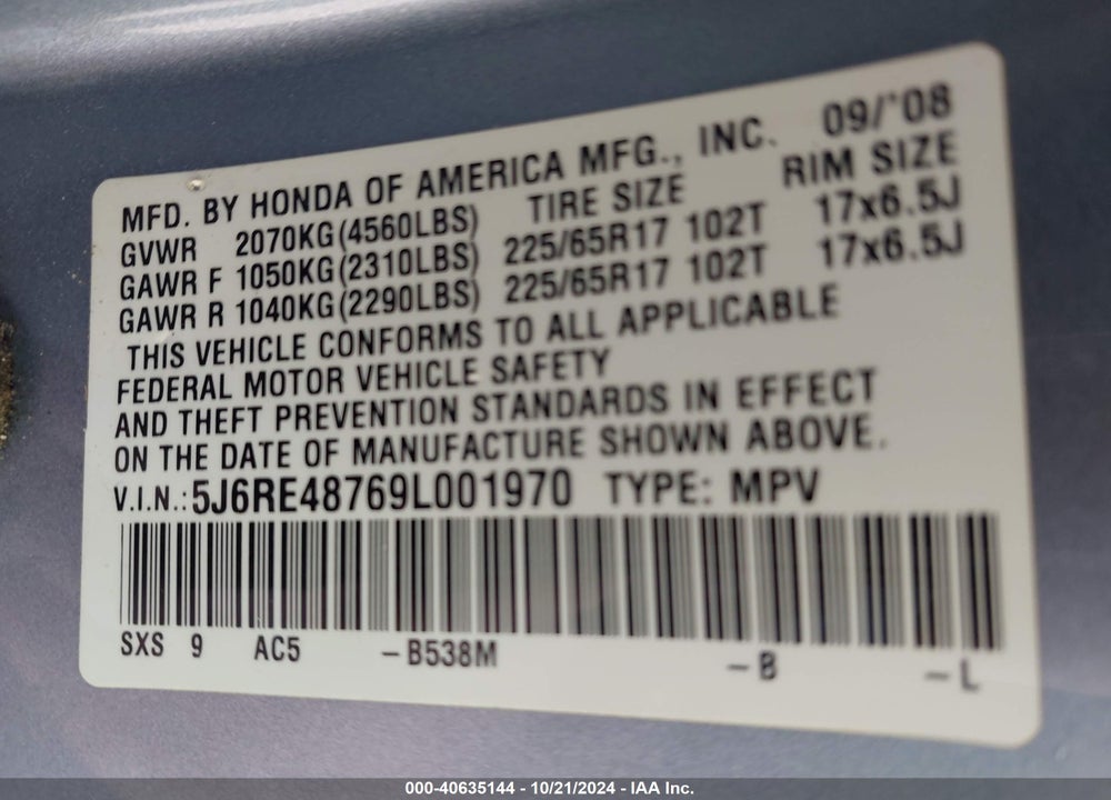 2009 HONDA CR-V EX-L VIN: 5J6RE48769L001970