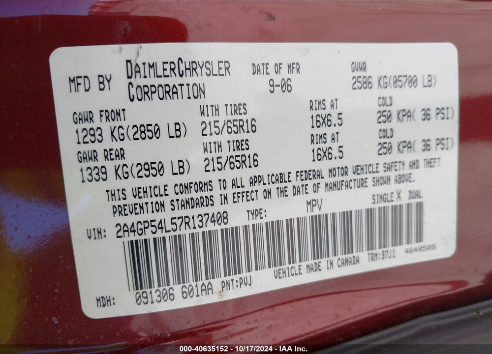 2007 CHRYSLER TOWN & COUNTRY TOURING VIN: 2A4GP54L57R137408