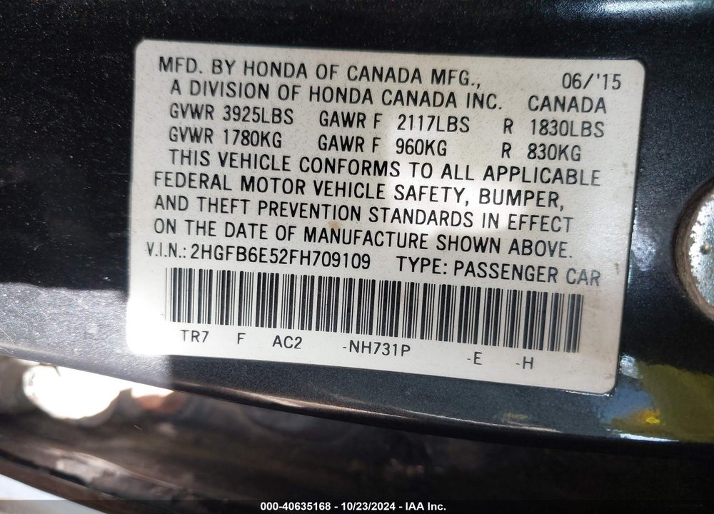 2015 HONDA CIVIC SI VIN: 2HGFB6E52FH709109