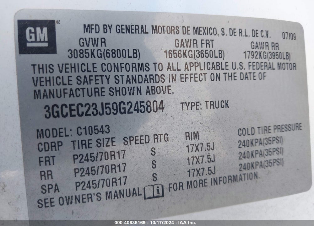 2009 CHEVROLET SILVERADO 1500 LT VIN: 3GCEC23J59G245804
