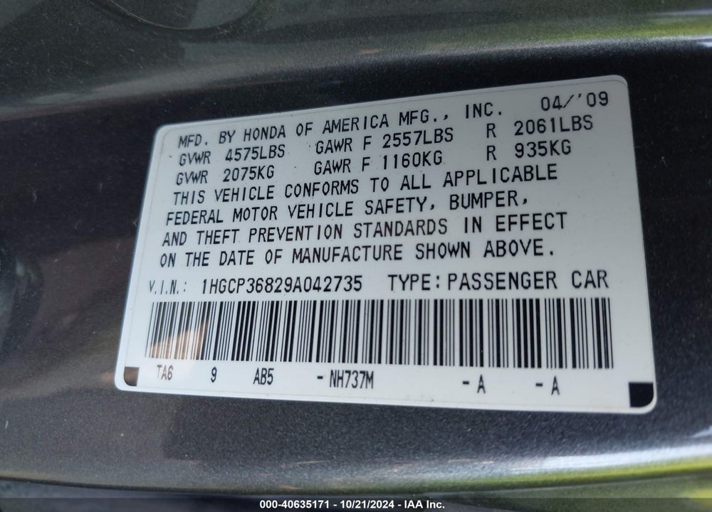 2009 HONDA ACCORD 3.5 EX-L VIN: 1HGCP36829A042735