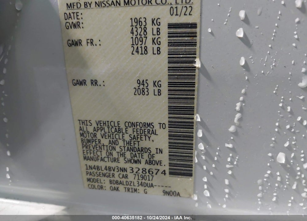 2022 NISSAN ALTIMA S FWD VIN: 1N4BL4BV3NN328674