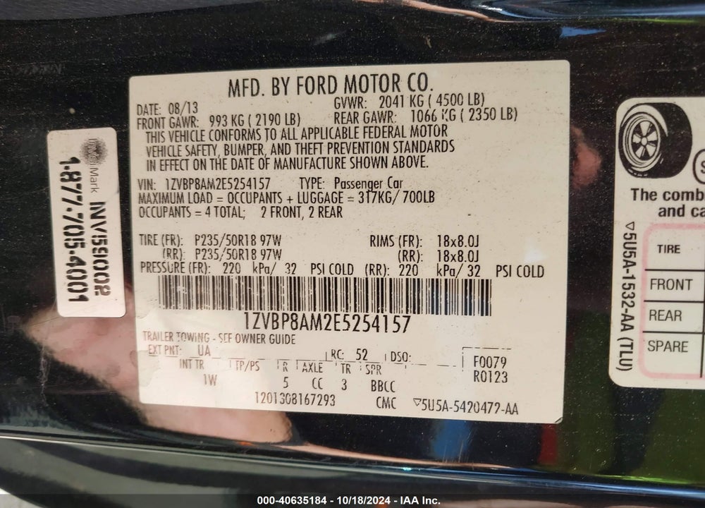 2014 FORD MUSTANG V6 VIN: 1ZVBP8AM2E5254157