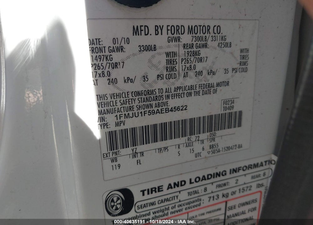2010 FORD EXPEDITION XLT VIN: 1FMJU1F59AEB45622