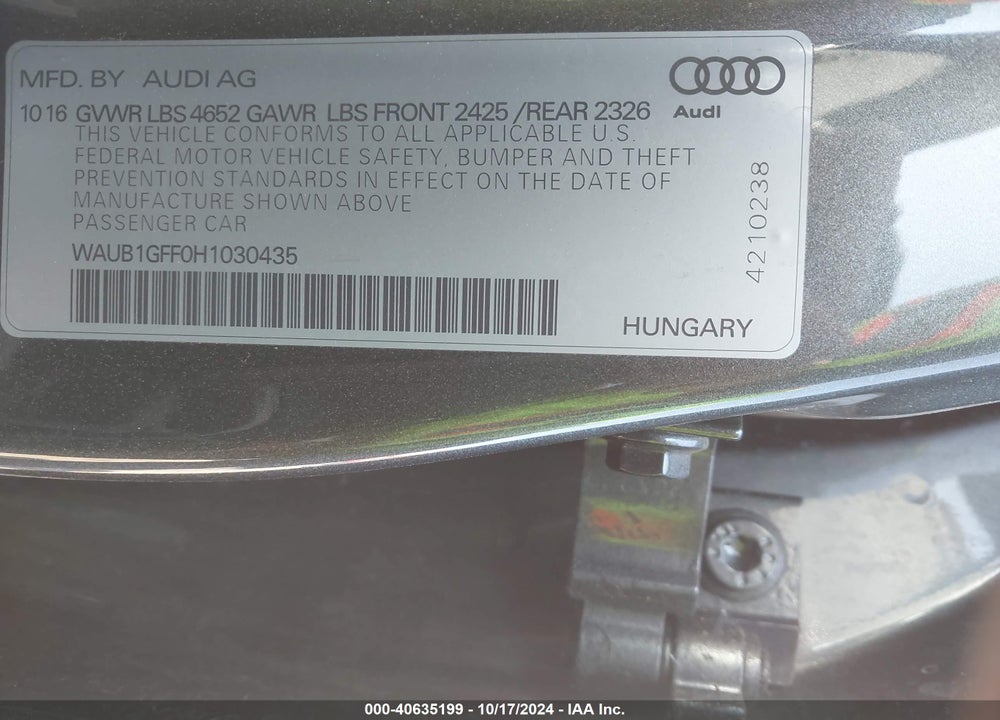 2017 AUDI S3 2.0T PREMIUM PLUS VIN: WAUB1GFF0H1030435