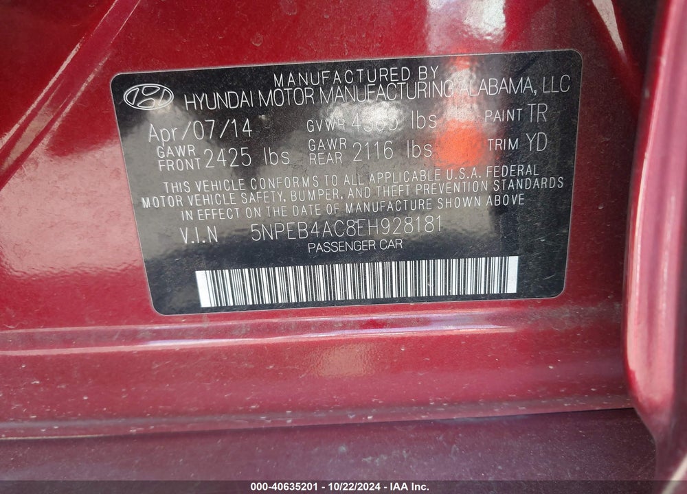 2014 HYUNDAI SONATA GLS VIN: 5NPEB4AC8EH928181