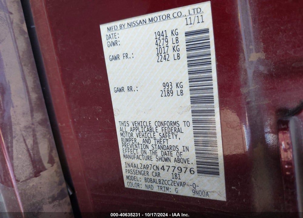 2012 NISSAN ALTIMA 2.5 S VIN: 1N4AL2AP7CN477976