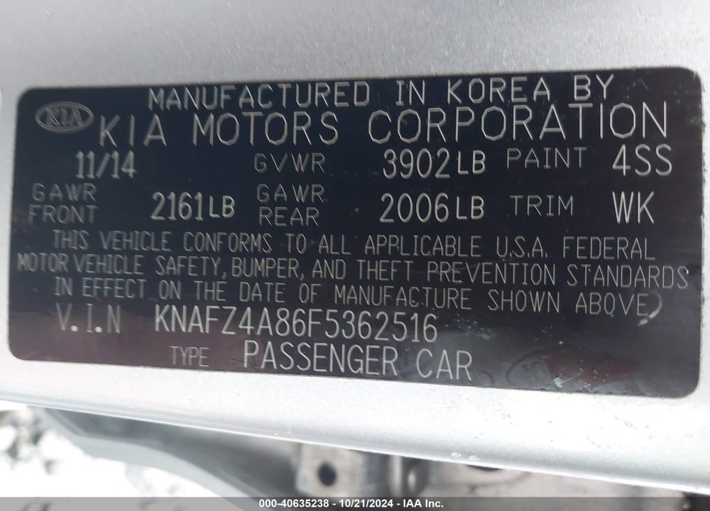 2015 KIA FORTE EX VIN: KNAFZ4A86F5362516