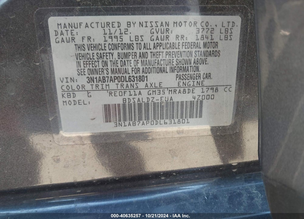 2013 NISSAN SENTRA SV VIN: 3N1AB7AP0DL631801