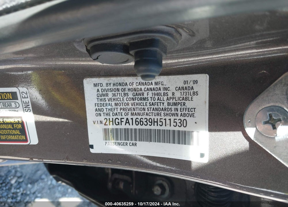 2009 HONDA CIVIC LX-S VIN: 2HGFA16639H511530
