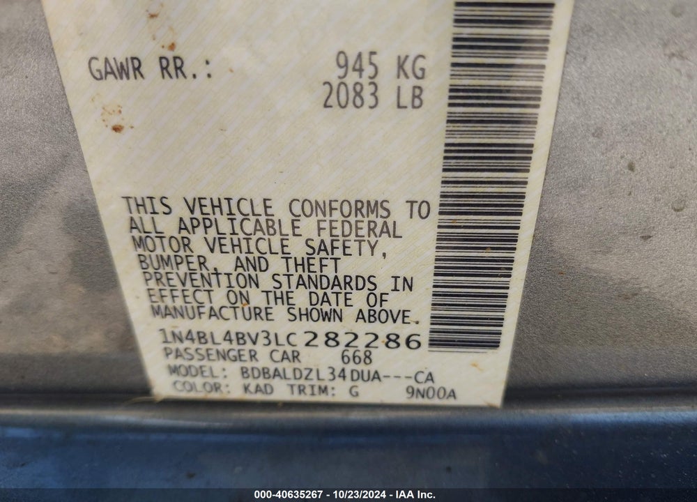 2020 NISSAN ALTIMA S FWD VIN: 1N4BL4BV3LC282286