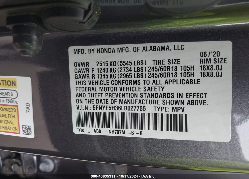 2020 HONDA PILOT 2WD EX VIN: 5FNYF5H36LB027755