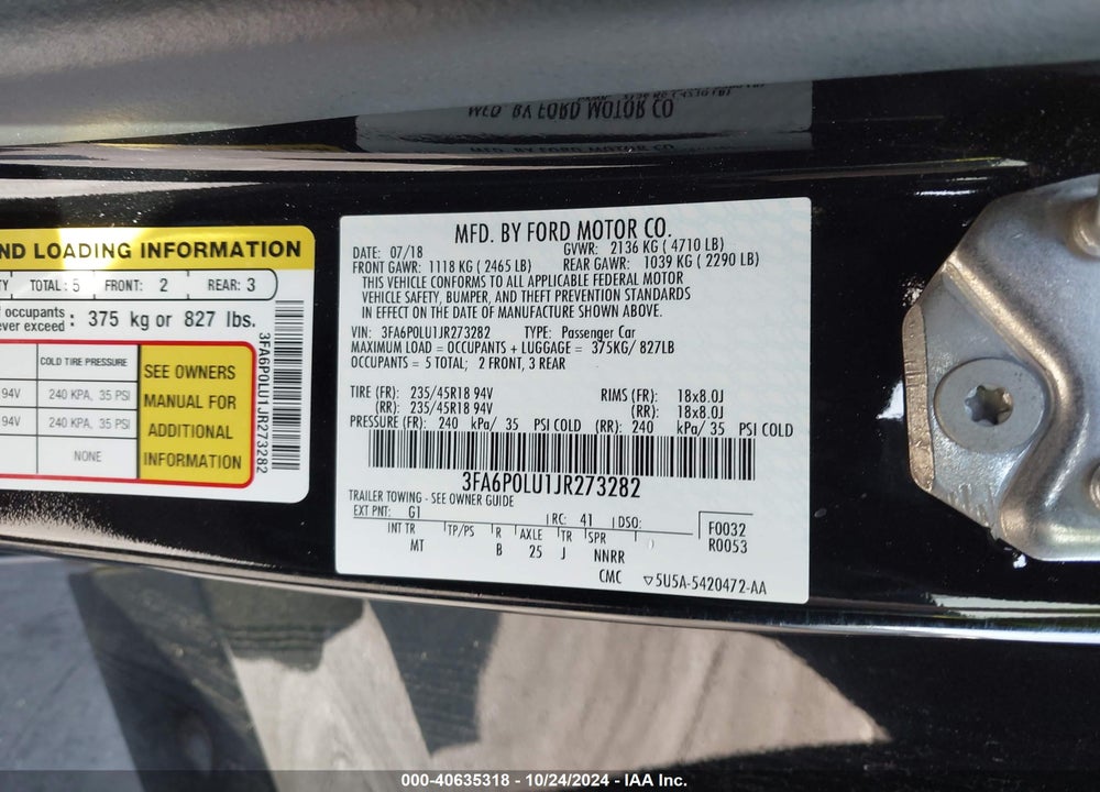 2018 FORD FUSION VIN: 3FA6P0LU1JR273282