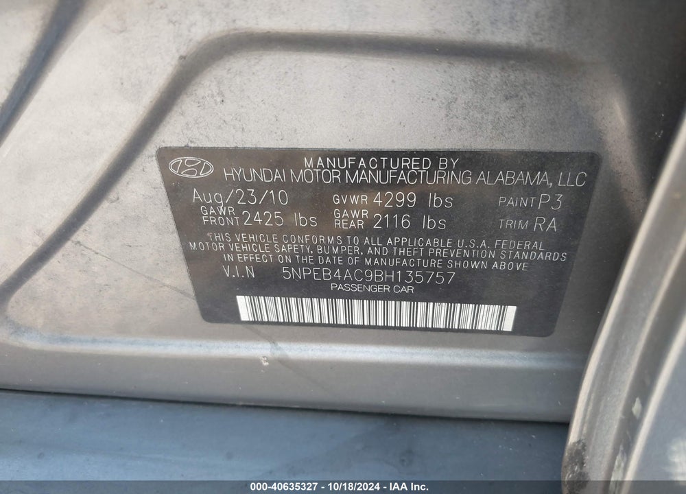 2011 HYUNDAI SONATA GLS VIN: 5NPEB4AC9BH135757