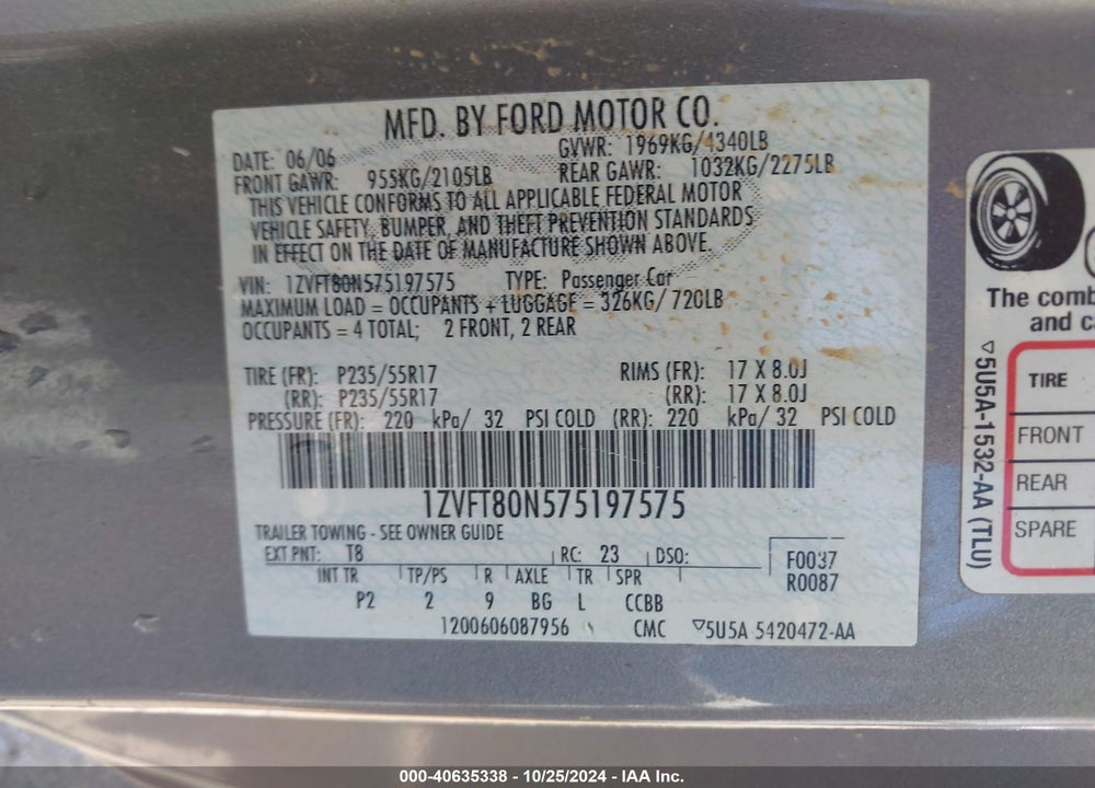 2007 FORD MUSTANG V6 DELUXE/V6 PREMIUM VIN: 1ZVFT80N575197575