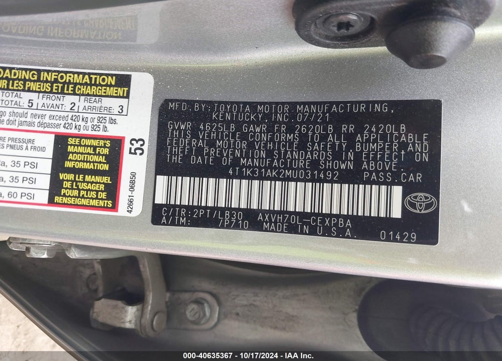 2021 TOYOTA CAMRY XSE VIN: 4T1K31AK2MU031492