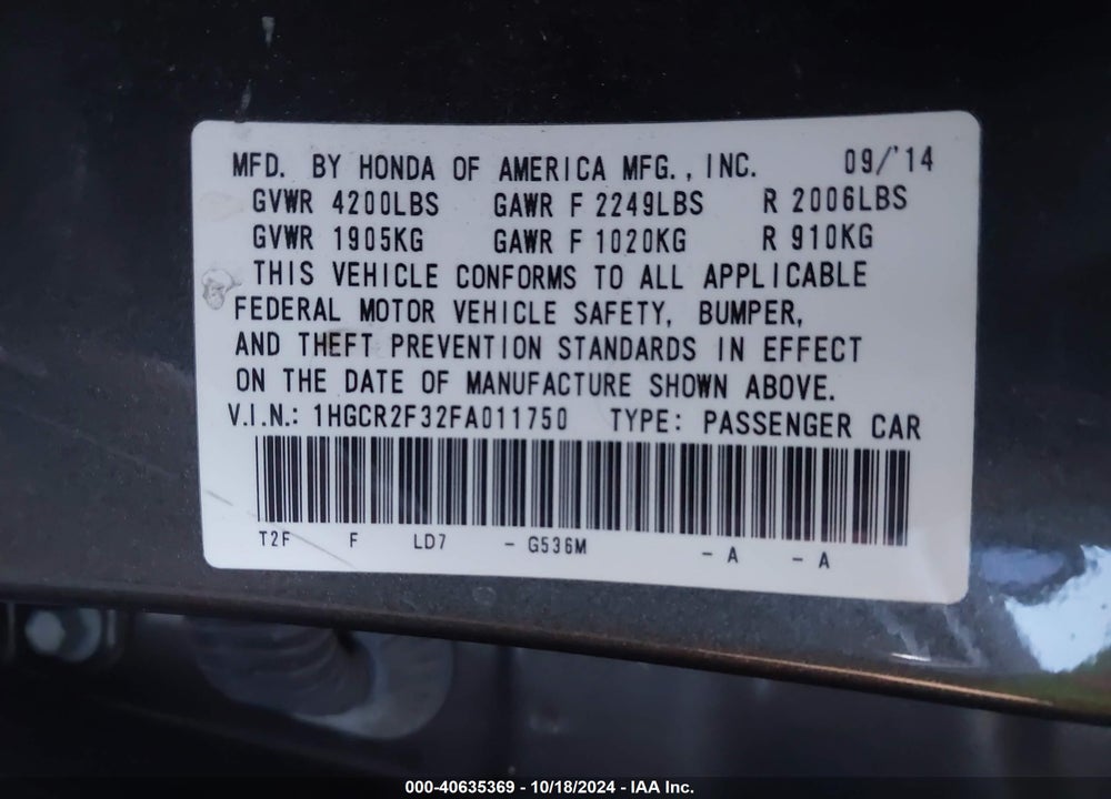 2015 HONDA ACCORD LX VIN: 1HGCR2F32FA011750