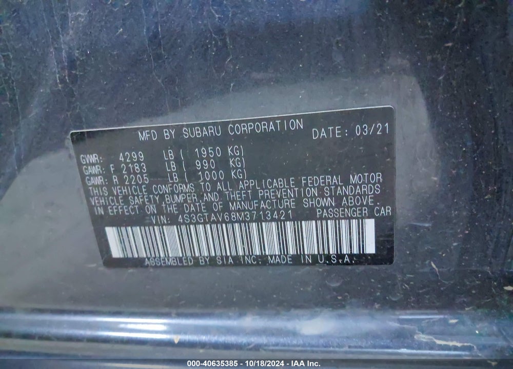 2021 SUBARU IMPREZA PREMIUM 5-DOOR VIN: 4S3GTAV68M3713421