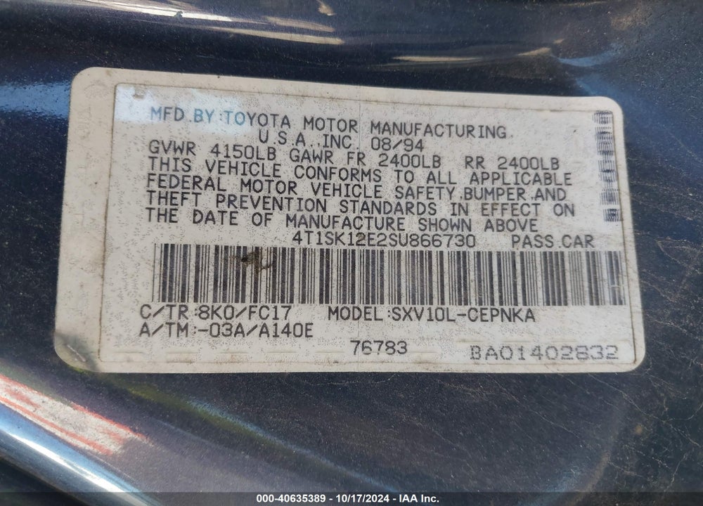 1995 TOYOTA CAMRY LE VIN: 4T1SK12E2SU866730
