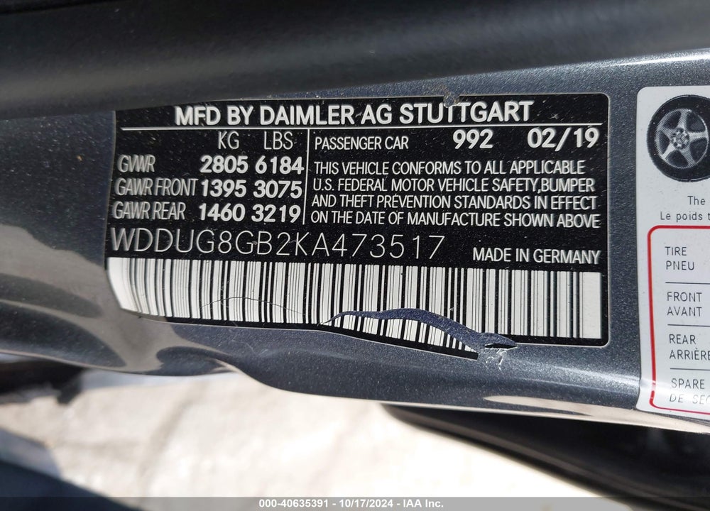 2019 MERCEDES-BENZ S 560 4MATIC VIN: WDDUG8GB2KA473517