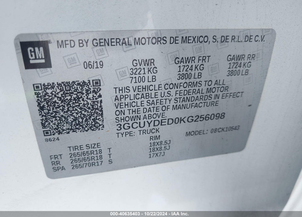 2019 CHEVROLET SILVERADO 1500 LT VIN: 3GCUYDED0KG256098