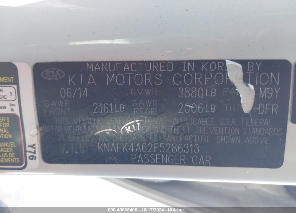 2015 KIA FORTE LX VIN: KNAFK4A62F5286313